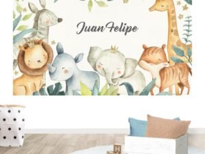 Mural Safari Watercolor (Nombre personalizado)
