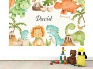 Mural Dino Watercolor (Nombre personalizado)