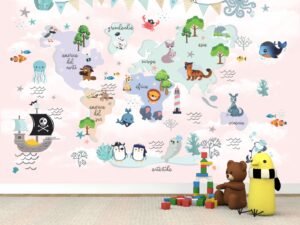Mural Mapamundi Animales Niña(Valor por M2)